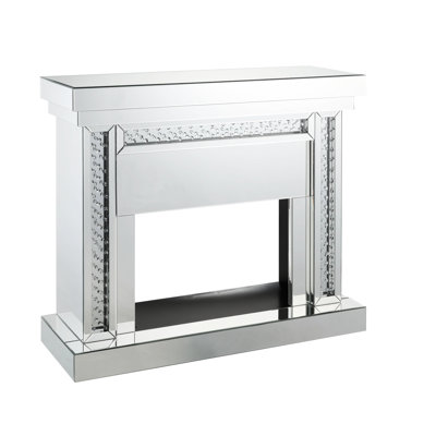 Led Electric Fireplace With Mirrored Design And Faux Crystals, Beveled Frame, Clear Glass Inlay, Touch/Remote Operation, Adjustable Temperature, Timer Feature, 26" X 18" Inner Size, 47 In Wide, 42