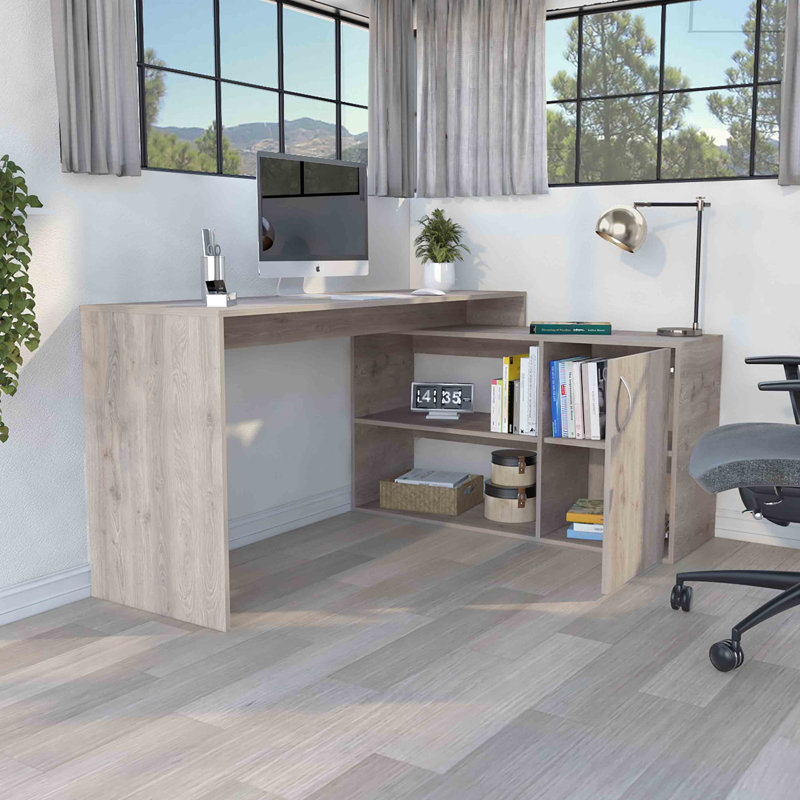 Bureau d'ordinateur moderne en L avec rangement ouvert et fermé - gris clair, Gris clair
