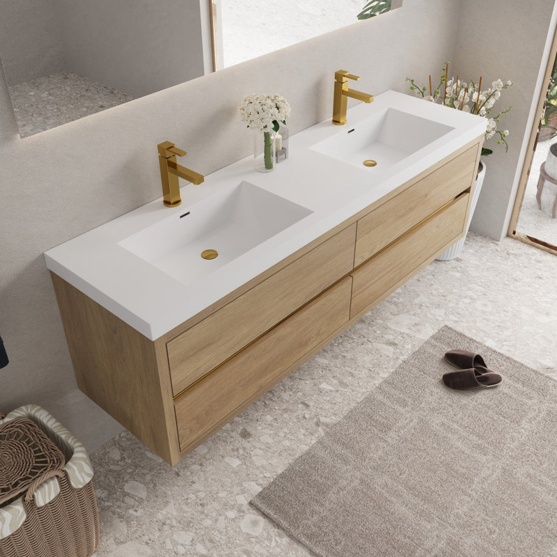 Meuble-lavabo flottant avec tiroirs à fermeture en douceur, comptoir au fini chêne naturel et résine de pierre, conception murale