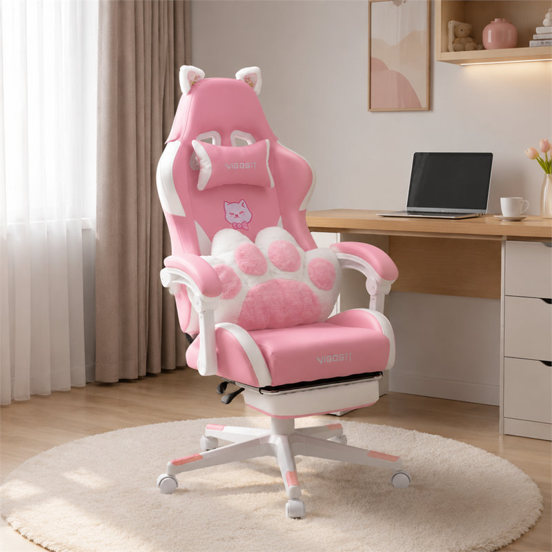 Fauteuil de jeu ergonomique à oreilles de chat rose avec similicuir en polyuréthane amovible Oreilles de chat 3D Paw Coussin lombaire repose-pieds rétractable inclinable de 90 à 155 degrés, pivotant sur 360 degrés, capacité de 310 lb