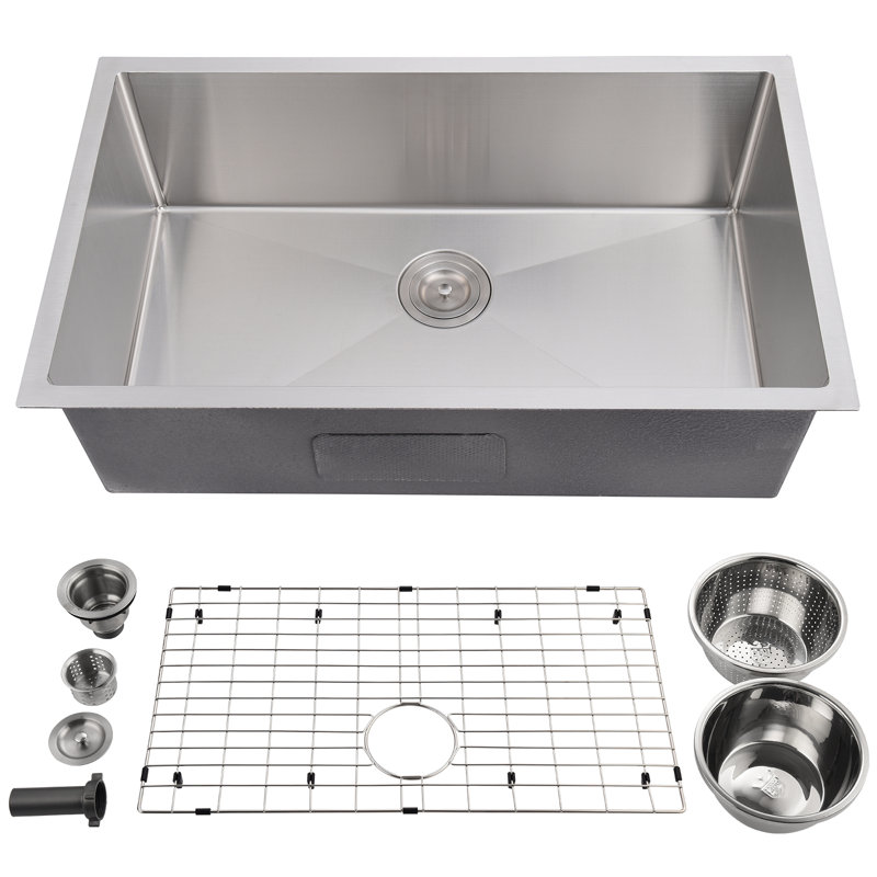Évier de cuisine encastrable 32 po, cuve simple en acier inoxydable de calibre 16