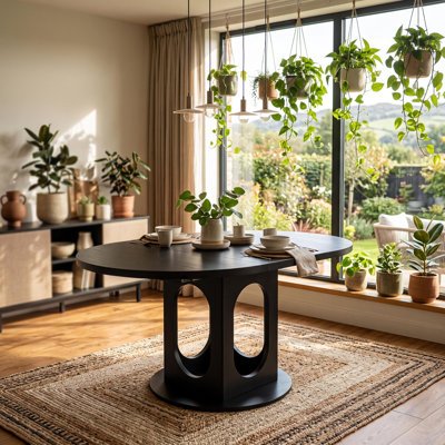 Extendable Dining Table Converts From Round To Oval, Mid-Century Modern Farmhouse Style, Seats 4 To 8 People For Dining Room Gatherings, With Stable Base and Adjustable Leveling Feet, Black