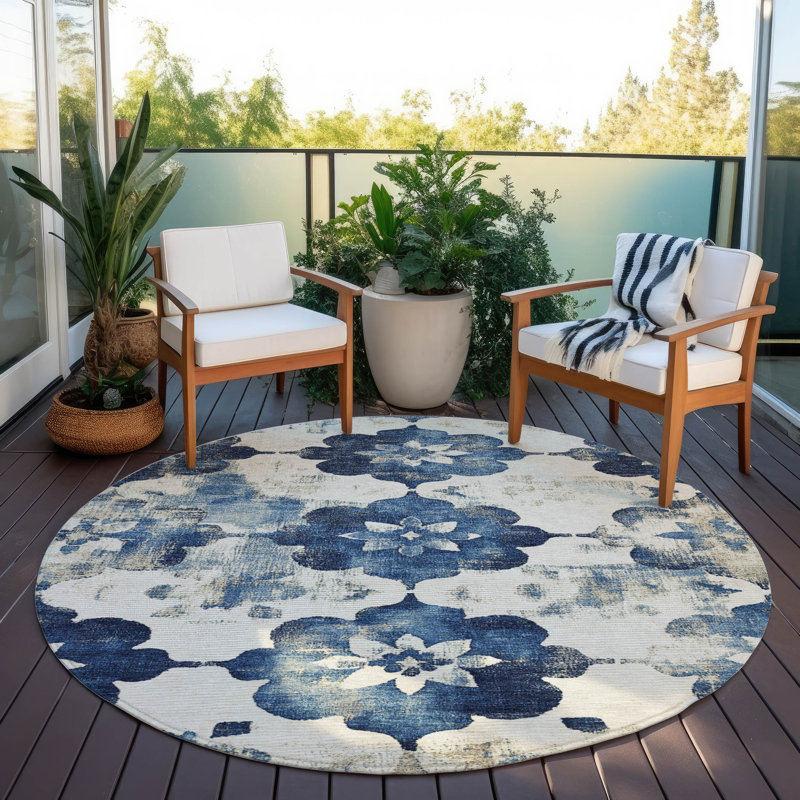 Tapis bleu marine intérieur / extérieur lavable à la machine, Rond 8 pi