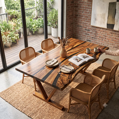 Live Edge Black Epoxy Resin Dining Table, 59.8" Solid Walnut Wood River Table For 6, Handcrafted Rectangular Kitchen Table