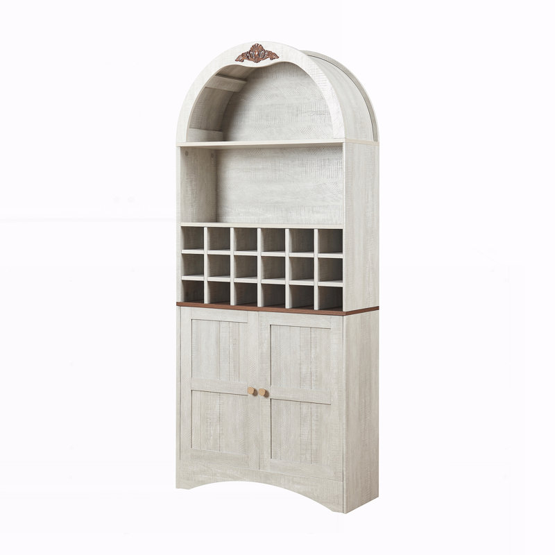 Armoire à vin arquée en bois avec support à vin amovible et bibliothèque pour boissons, Light Oak,White Washed