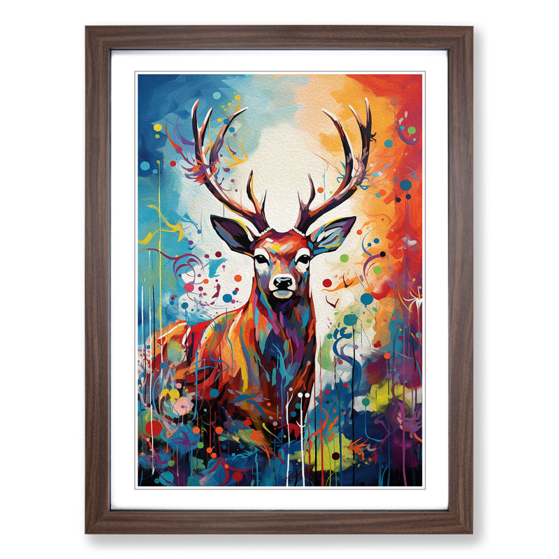 Deer Expressionism - Single Picture Frame Print on Wood, 34cm H x 25cm W, Walnut Framed
