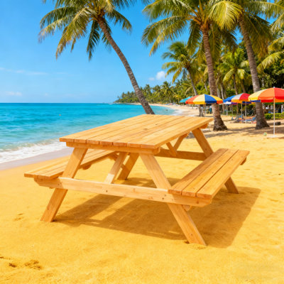 8-person Brown Wooden Picnic Table - 2 Built-in Benches, 2220lb Capacity, Umbrella Hole, 75"l Size For Outdoor Camping/garden by Lark Manor