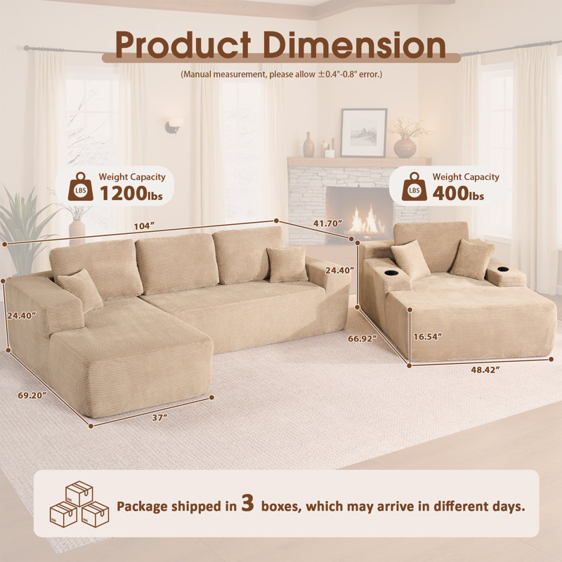 Ensemble de salon 3 pièces sans assemblage, canapé modulaire moelleux avec causeuse et méridienne, Beige