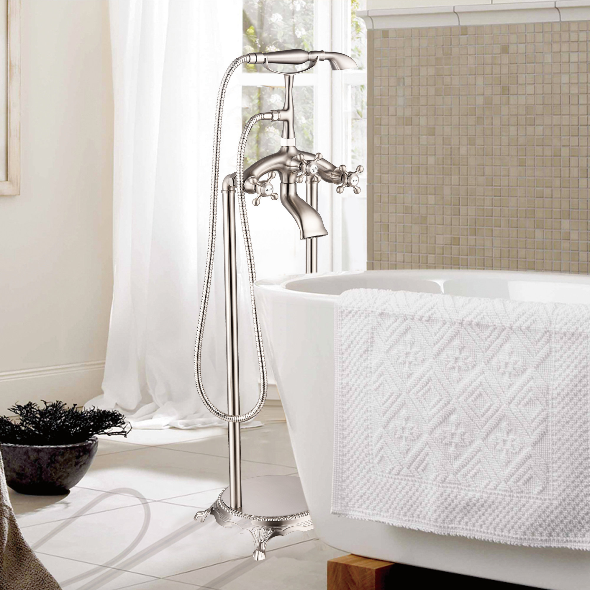 Floor Mounted Clawfoot Tub Faucet Trim, Brushed Nickel