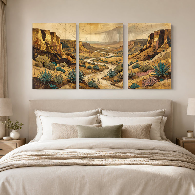 "Desert Canyon" avec rivière sinueuse et agave bleue, ensemble de 3 toiles, 24"H x 16"W x 3pcs