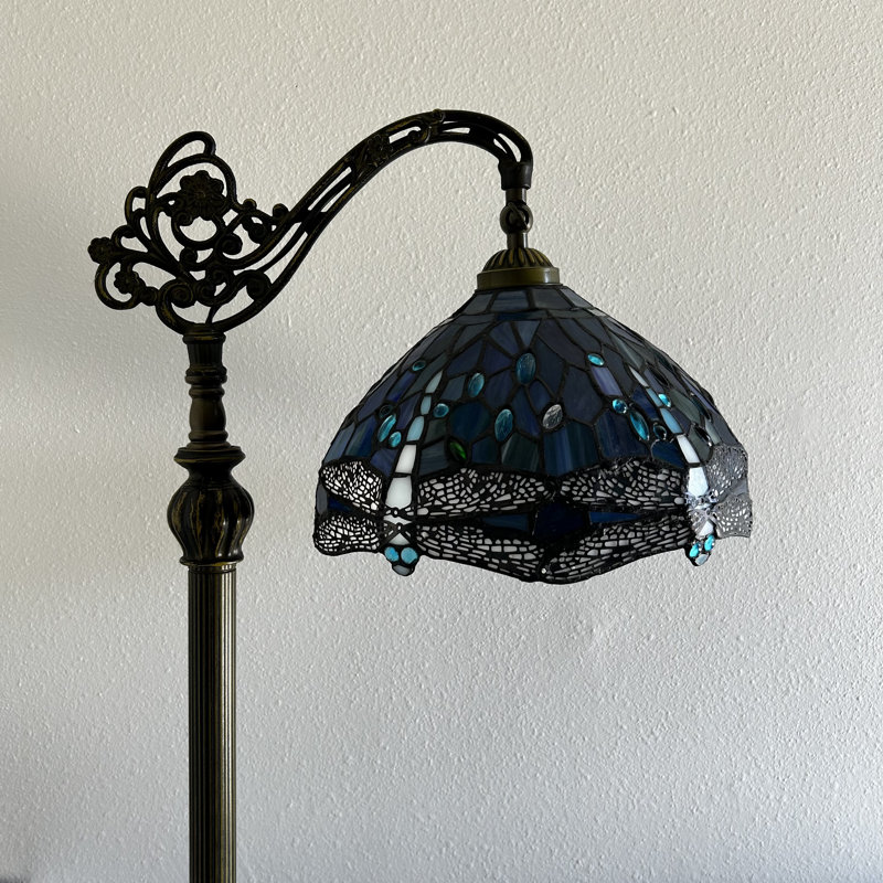 Shena Tiffany Floor Lamp Blue Stained Glass Dragonfly LED Bulb Included Gooseneck 20"W*12"D*63"H