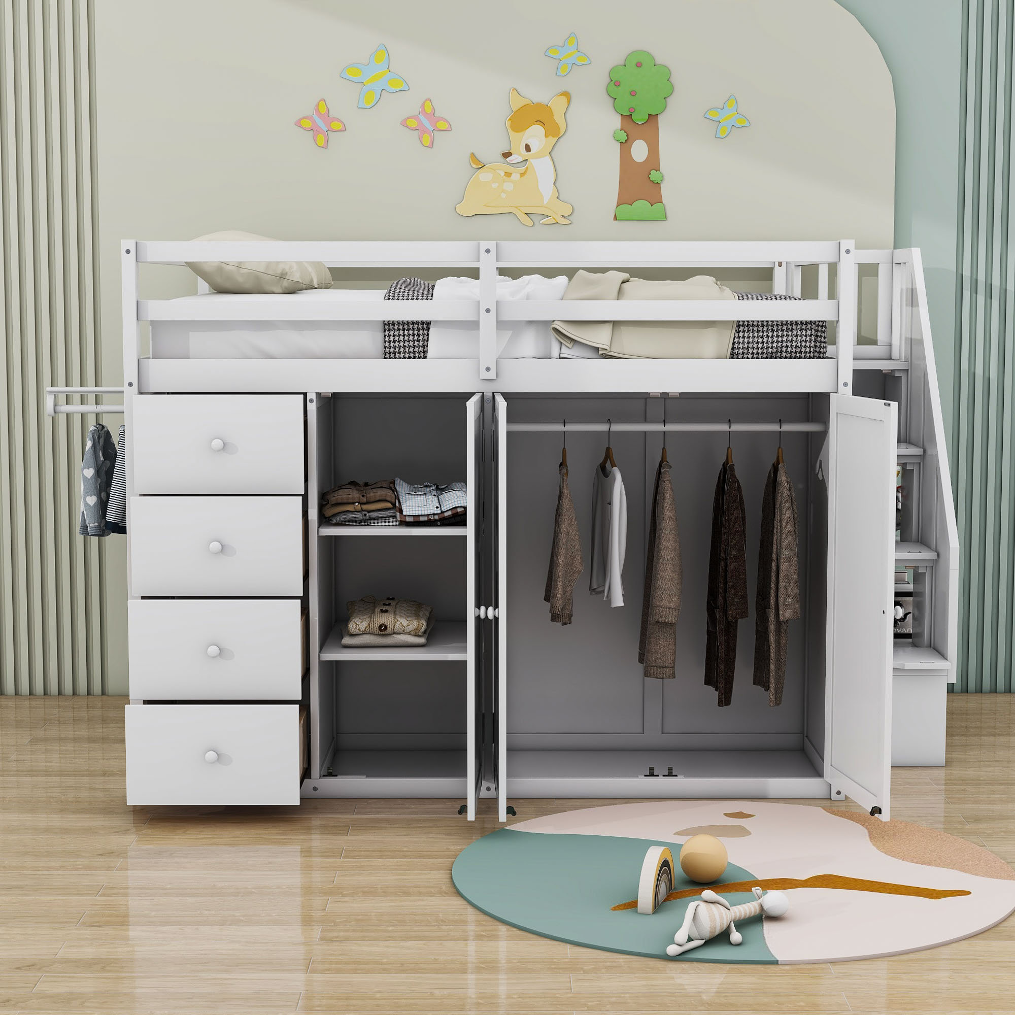 Harriet Bee Jaydamarie Full Size Wood Loft Bed With Built-In Wardrobes ...