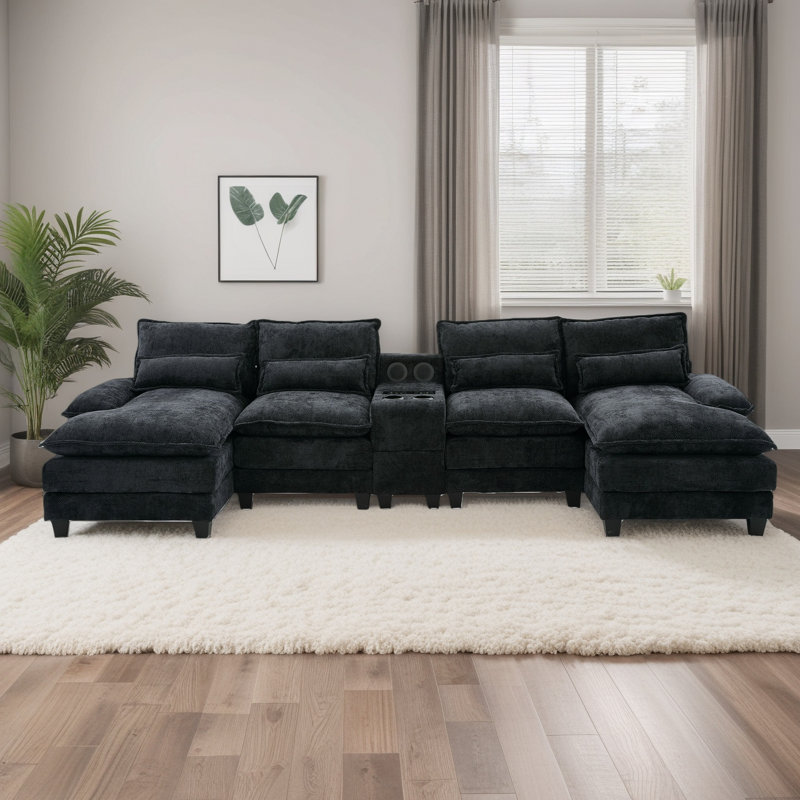 126‘’W U Shaped Cloud Couch Sectional Sofa,chenille Cloud Black Sectional Couches With Double Chaise Lounge For Living Room