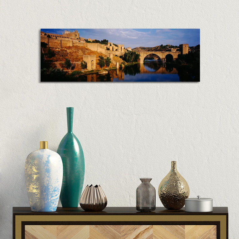 Historic Landscape Along Rio Tajo Featuring Puente De San Martin, Toledo, Spain 1 Piece Wrapped Canvas Panoramic Wall Art