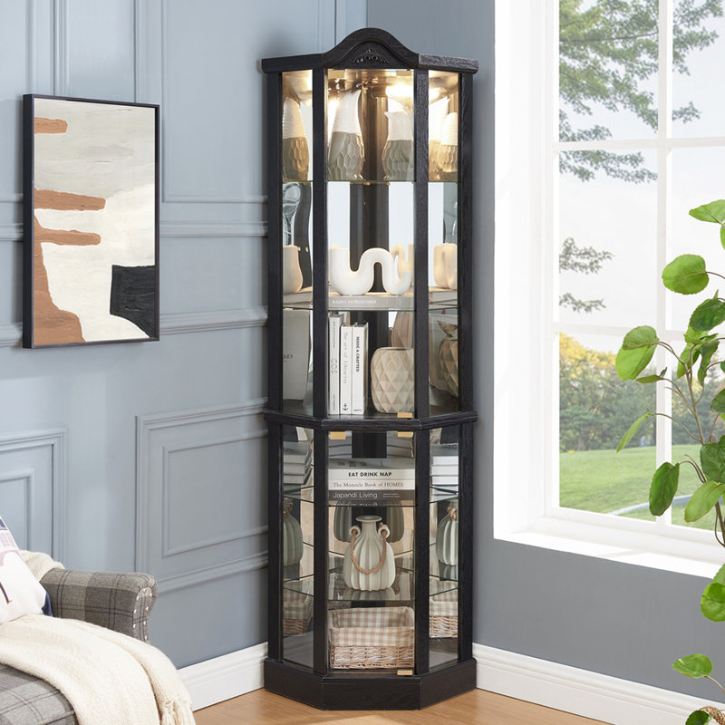 Vitrine de coin vitrée éclairée avec tablettes ajustables