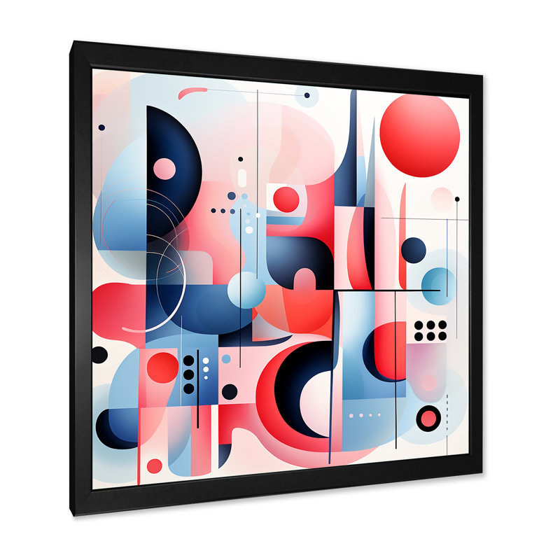 Bleu et rouge Mid Century Form - reproduction d'art abstrait mural, Cadre simple noir, H 16 po x l 16 po x P 1 po