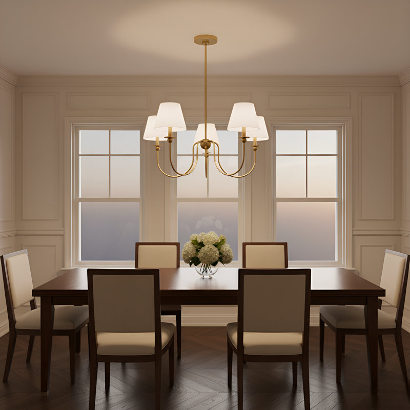 Elsay Dining Room Chandelier With White Linen Shade, 5 Lights, 19.75" H x 25" W x 25" D, Satin Brass