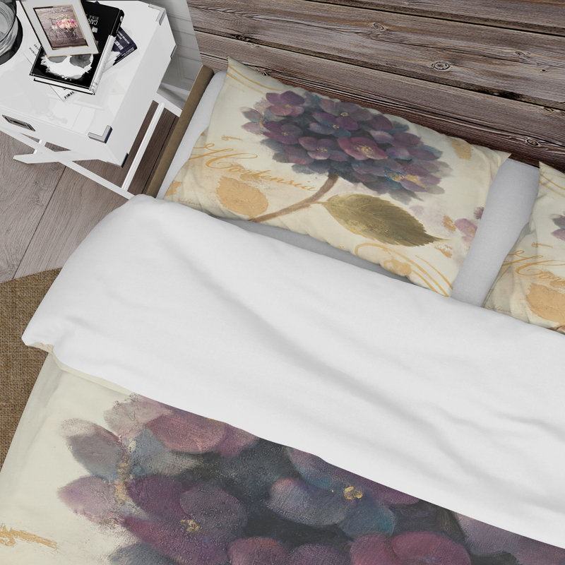 Ensemble de housse de couette hortensia fleur i abondante, Housse de couette très grand + 2 taies décoratives, Beige / mauve