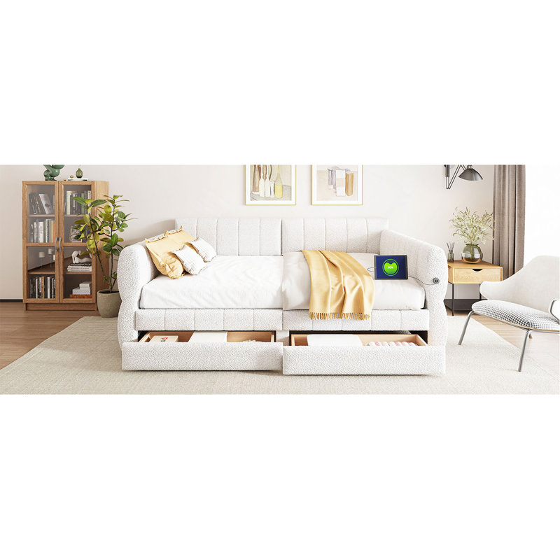 Grand lit plateforme tapissier avec port USB et 2 tiroirs, Blanc