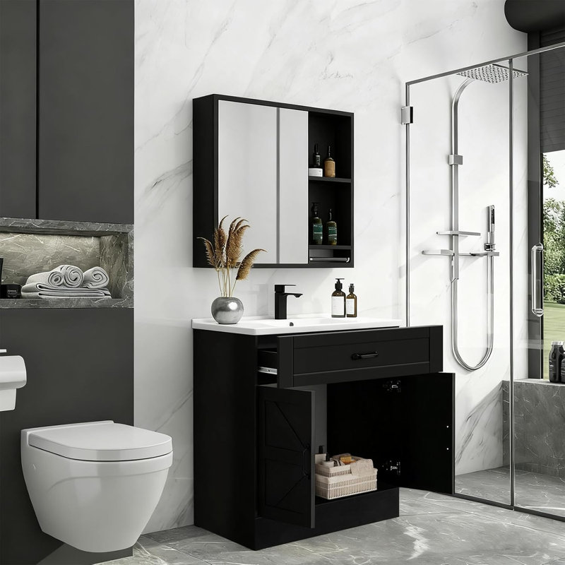 31 Inch Farmhouse Freestanding Bathroom Vanity, Black