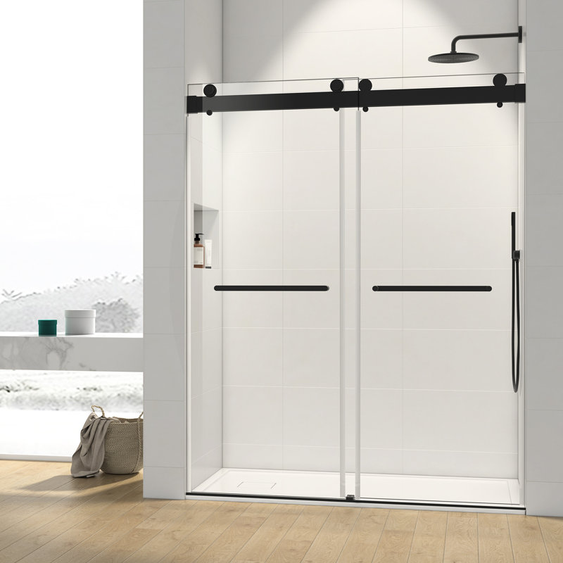 Porte de douche en verre trempé - 44 à 48 po X P 76 H, noir mat, imperméable pour une douche confortable 44-48 "H 76" double coulissant, verre de 8 mm, fabrication stable avec des rouleaux