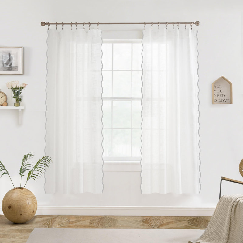 Semi Sheer Scalloped Edge White Coastal Beach Window Curtains for Living Room Bedroom 2 Panels Rod Pocket, 52" W x 63" L