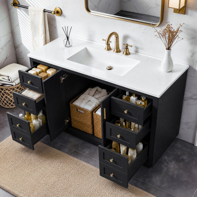 Meuble-lavabo de salle de bain avec comptoir, meuble-lavabo autoportant en panneau de fibres à densité moyenne avec 6 tiroirs et 2 portes à fermeture en douceur, poignées dorées, finition peinte lisse