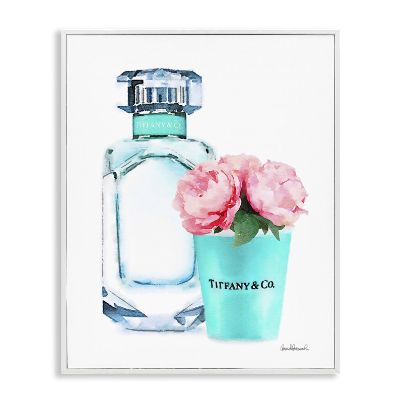 «Perfume Bottle and Peony» - Impression d'art graphique, Giclée encadrée blanc bord de mer, H 14 po x l 11 po