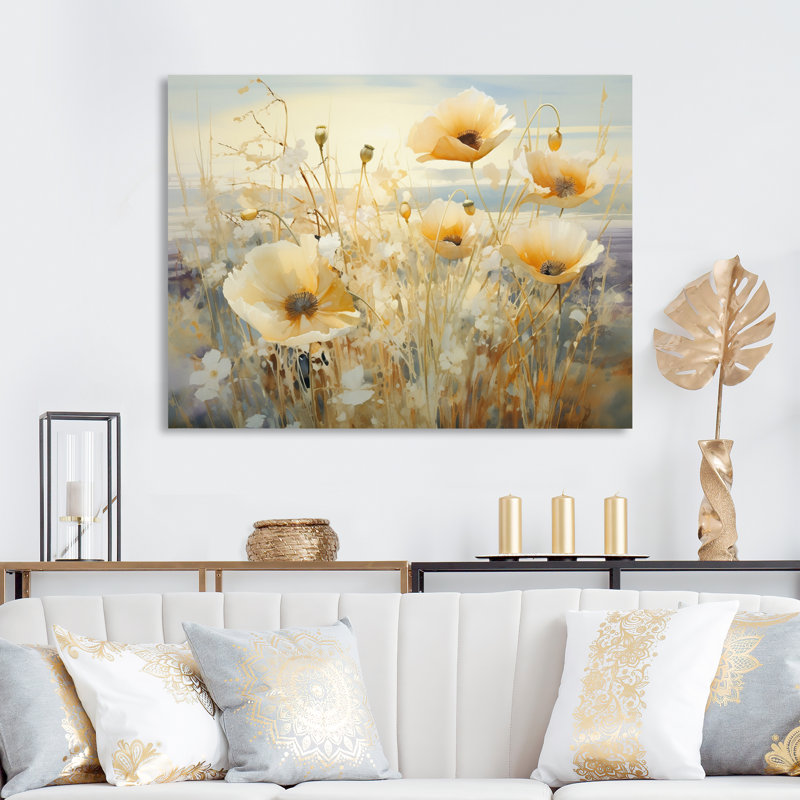 Champ de fleurs de fleurs blanches - Impression, 16" H x 32" W, Gold Picture Framed