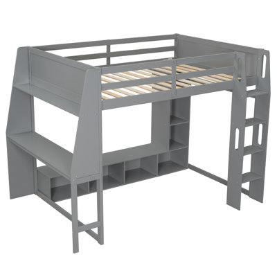 Lit mezzanine en bois pour lit de jeu simple avec bureau, tablettes multiples, lumières DEL et porte-vêtements suspendu, gris - idéal pour la chambre à coucher, le dortoir et le bureau personnel