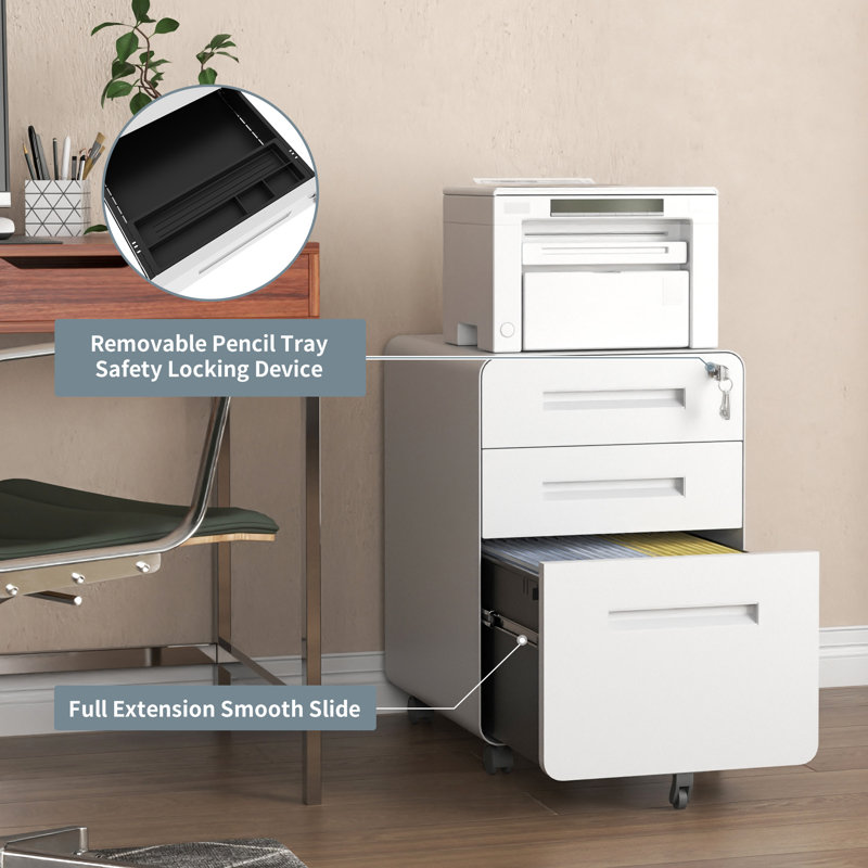 15.75" W 3 Drawers Rounded Corners Mobile File Cabinet with Lock for Home and Office - Fully Assembled, White