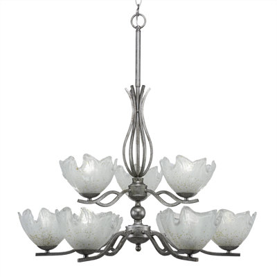 Hiroko Revo 9 Light Uplight Chandelier Shown In Aged Silver Finish With 7" Ice Glass