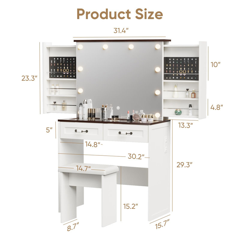 Farmhouse Makeup Vanity Desk with 3-Tone LED & Glass Tabletop & Stool