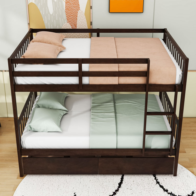 Two Drawers Rubber Wood Bunk Bed, Full, Espresso