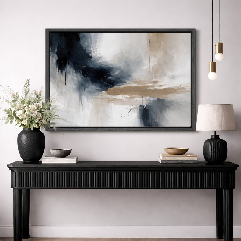 Abstrait bleu beige fluide, œuvre d'art moderne, images de salon moderne, impression sur toile encadrée, Cadre noir