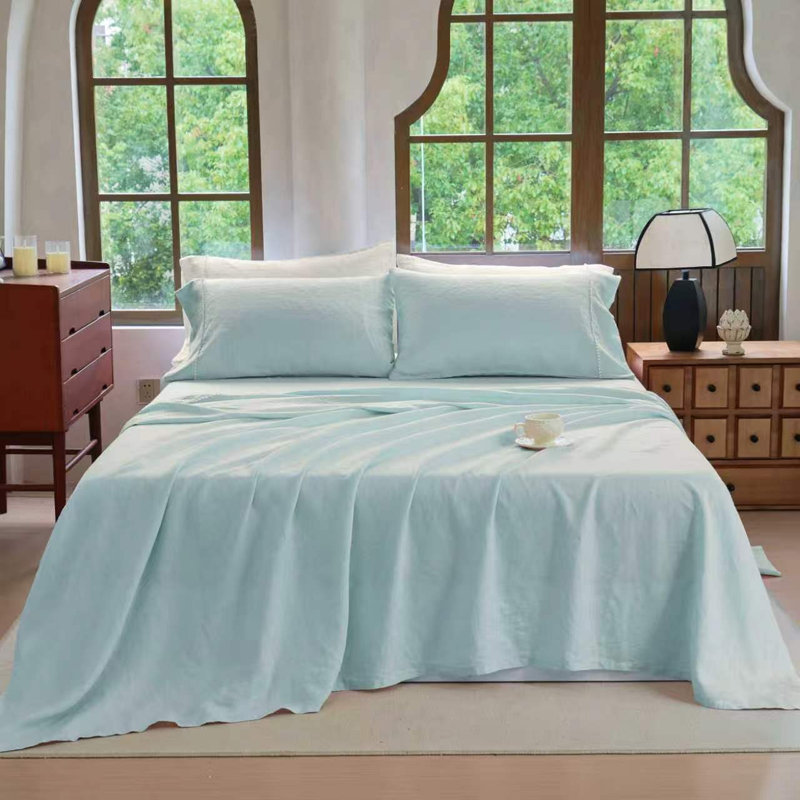 Ensemble de draps 100% lin, Grand lit, Bleu mer