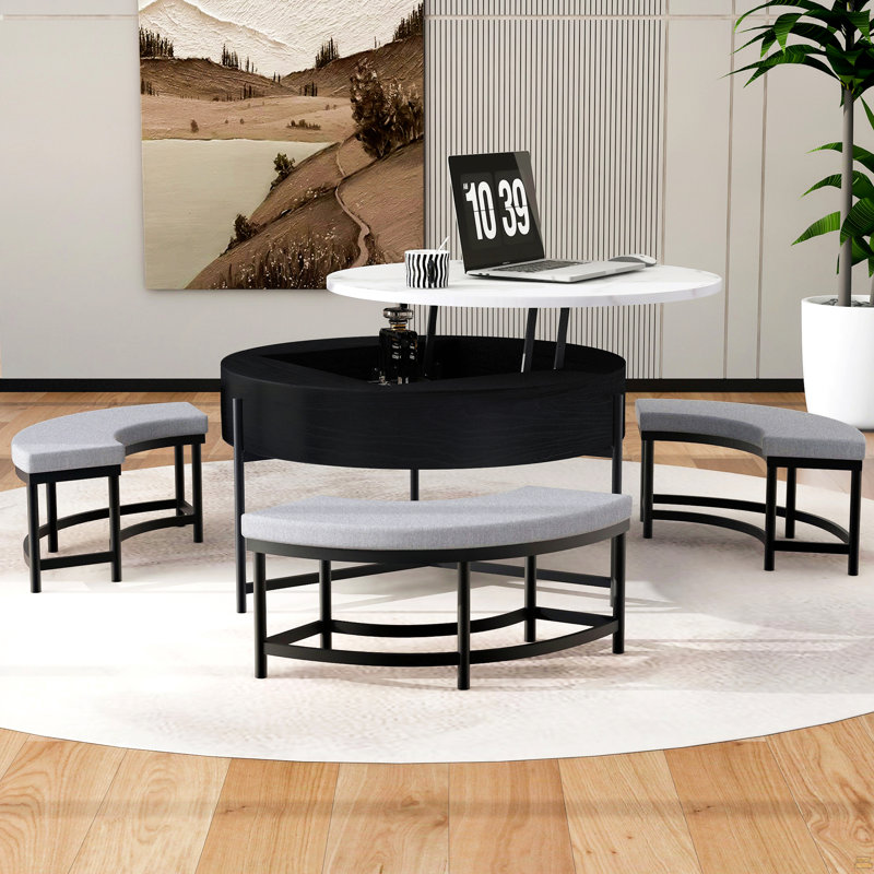 Table basse ronde à plateau relevable avec rangement et 3 repose-pieds, Noir