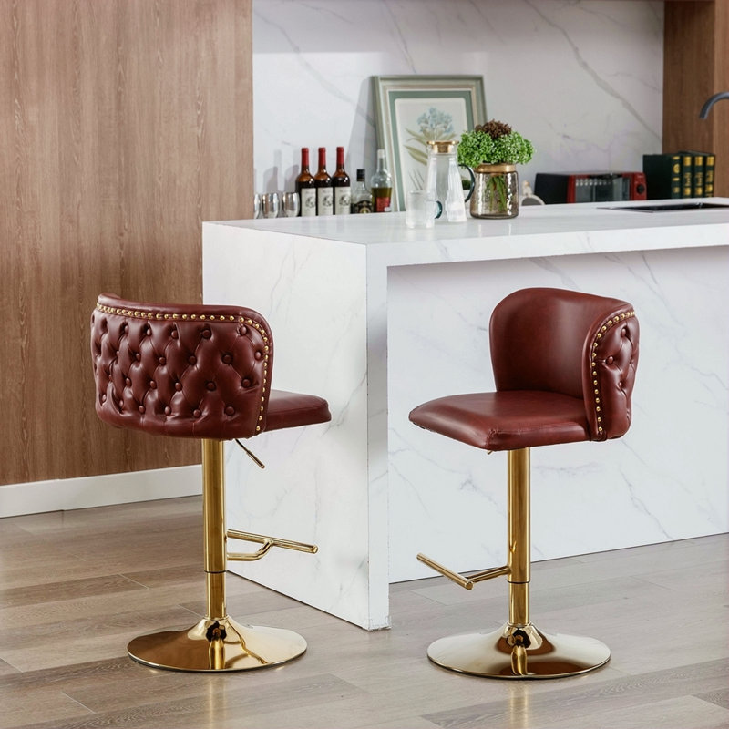 Meubles, tabourets de bar pivotants à hauteur de siège réglable, tabourets de bar rembourrés en polyuréthane moderne avec dossier complet capitonné, pour pub à domicile et îlot de cuisine (ensemble de 2)