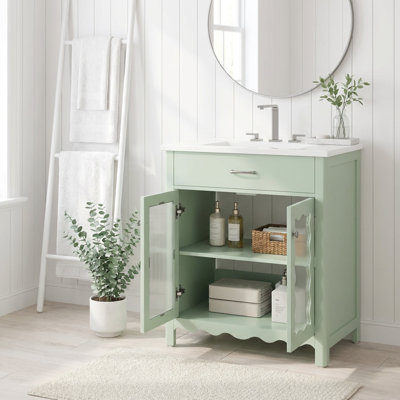 Contemporary Bathroom Vanity with Tempered Glass Doors and Ceramic Sink, Space-Saving Storage Cabinet with Soft-Close Hinges and Elegant Curved Design