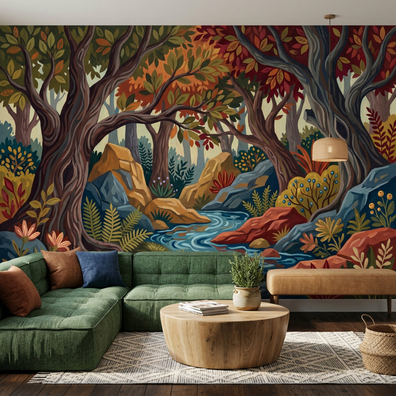 Papier peint paysage boisé, forêt, ruisseau d'automne, décoration murale amovible, Texturé non collé, 200 po x 120 po