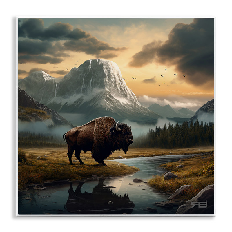 Bison & Vast Mountains Wall Plaque Art by Roozbeh Bahramali