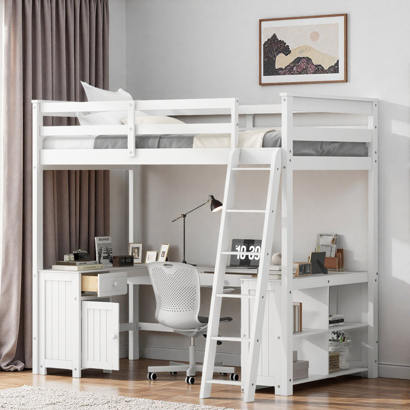Lit mezzanine avec bureau en U, tiroirs, tablettes de rangement et armoire, Blanc