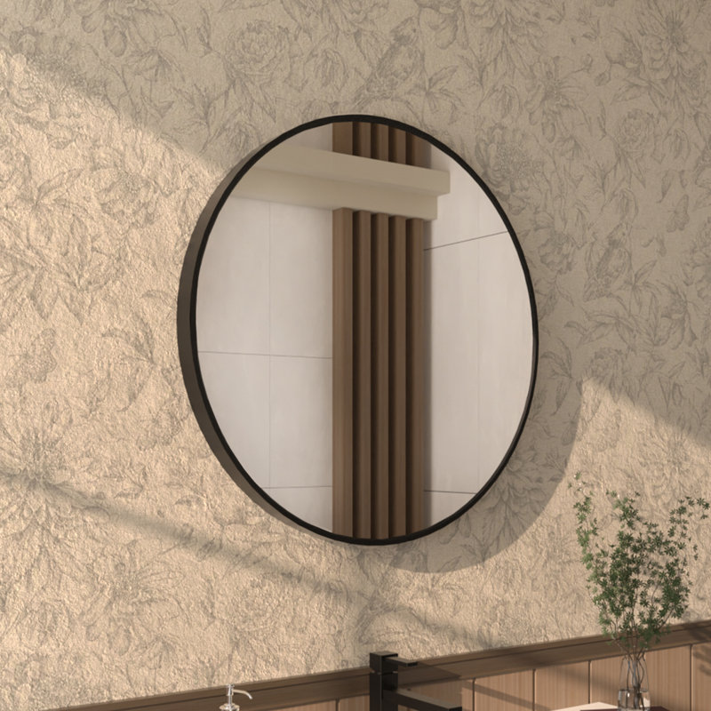Tanx 24 in. W x 24 in. H Round Framed Wall Bathroom Vanity Mirror in Matte Black, 24" x 24"