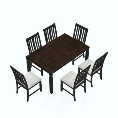 7-Piece Extendable Dining Table Set for 6, Farmhouse Oak Veneer Table and 6 Upholstered Chairs, Rubberwood Legs Space-Saving Dining Set for Family Din