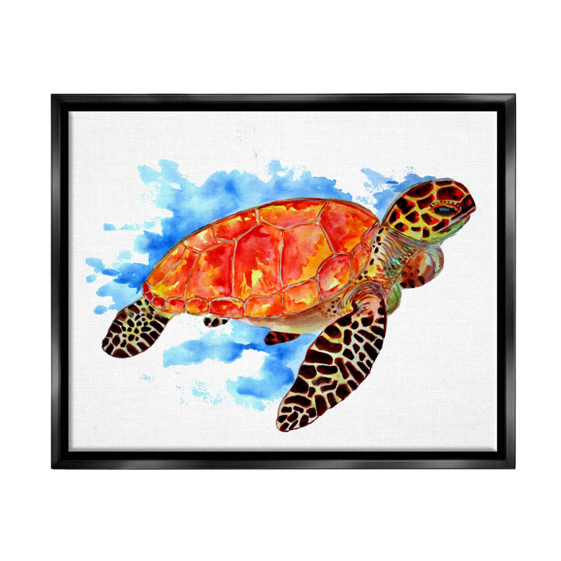 «Bold Orange Nautical Turtle» par Sebastian Grafmann - cadre flottant, impression sur toile, Cadre flottant noir de jais