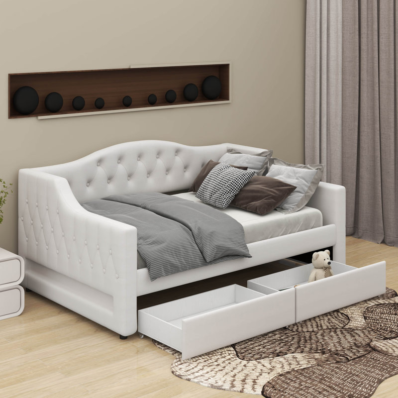 Lit de jour rembourré simple TG avec ceinture à DEL et 2 tiroirs, Beige