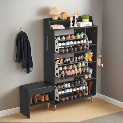 2-In-1 Minimalist Shoe Storage Cabinet With Cushioned Bench, Freestanding Shoe Organizer With 3 Flip Drawers And Open Shelves, White -  Everly Quinn, F3D4A08372FE40E8B52569B9B7AEBED9