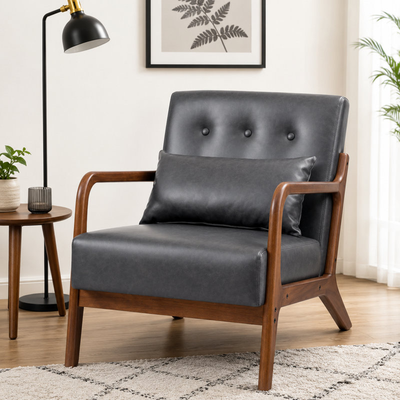Walthill 63 cm Modern Scandinavian Solid Wood Armchair, Grey,  Faux Leather