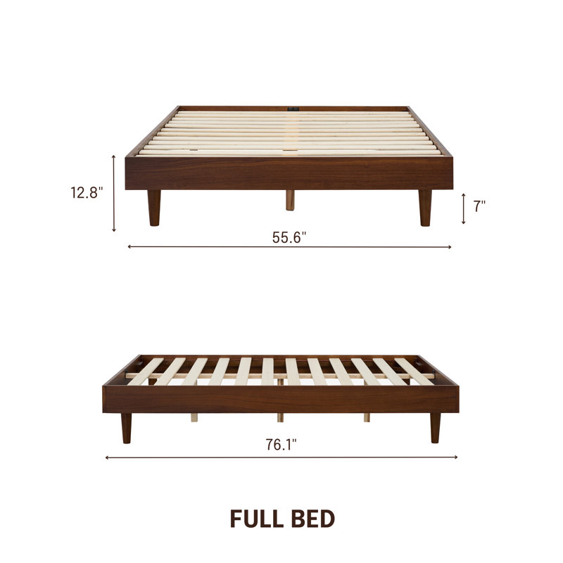  Base de lit en bois massif Fly sans tête de lit et lattes silencieuses, capacité de 1000 lb, Lit double, Noyer foncé