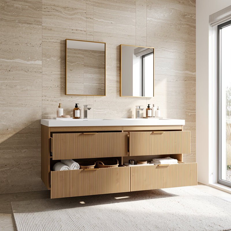 59" Wall-Mounted Double Bathroom Vanity with SMC Resin Top & Soft-Close Drawers